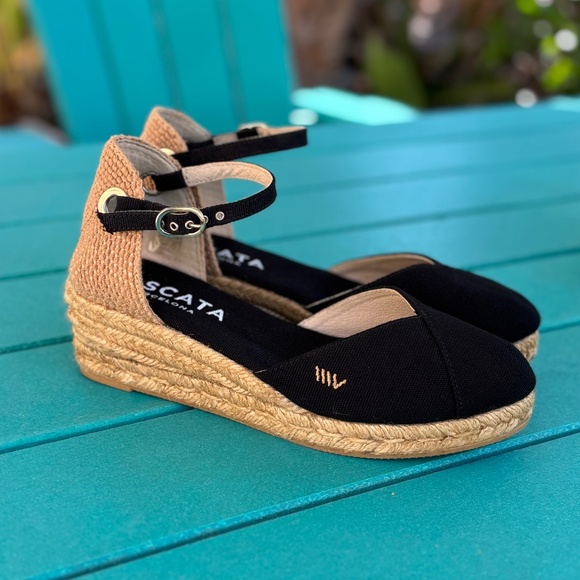 VISCATA Pubol Espadrilles Black Canvas Wedge Heel Sandals Ankle Strap US 7 EU 38 - Picture 8 of 12